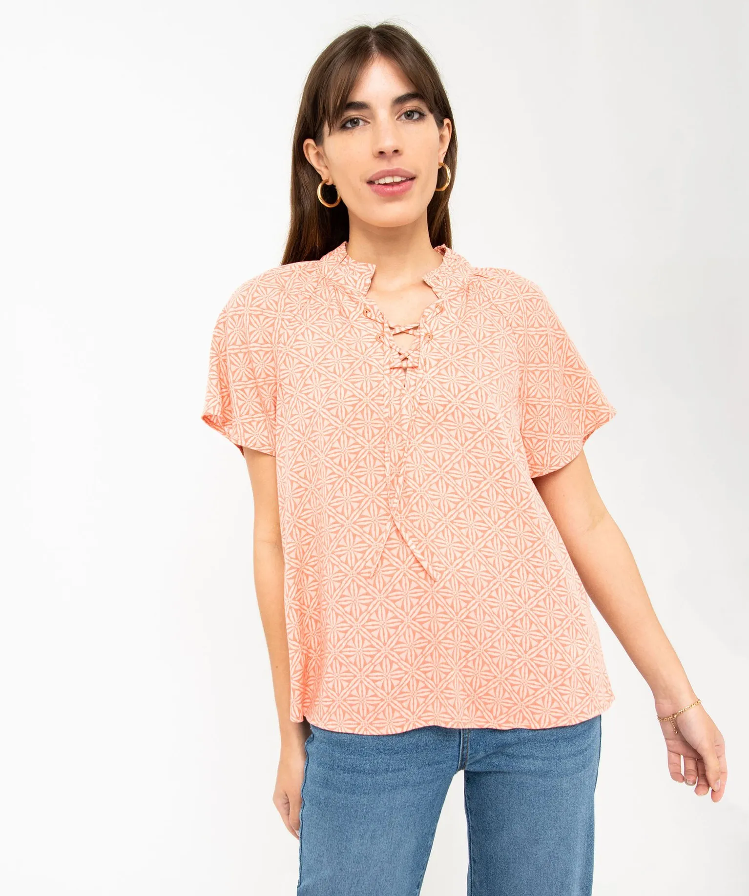 blouse a manches courtes en crepe de viscose imprime femme imprime blouses