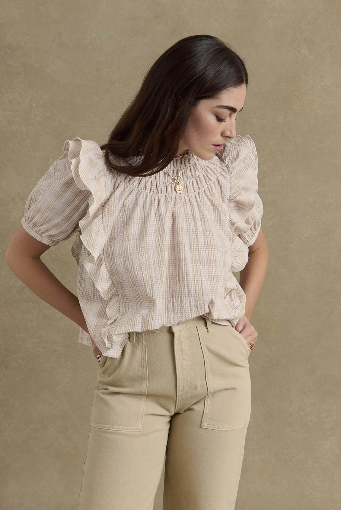 Blouse Amia carreaux beige et blanc