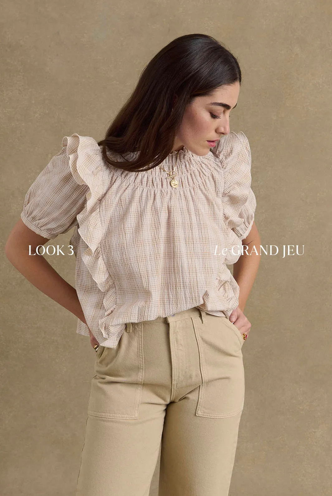 Blouse Amia carreaux beige et blanc