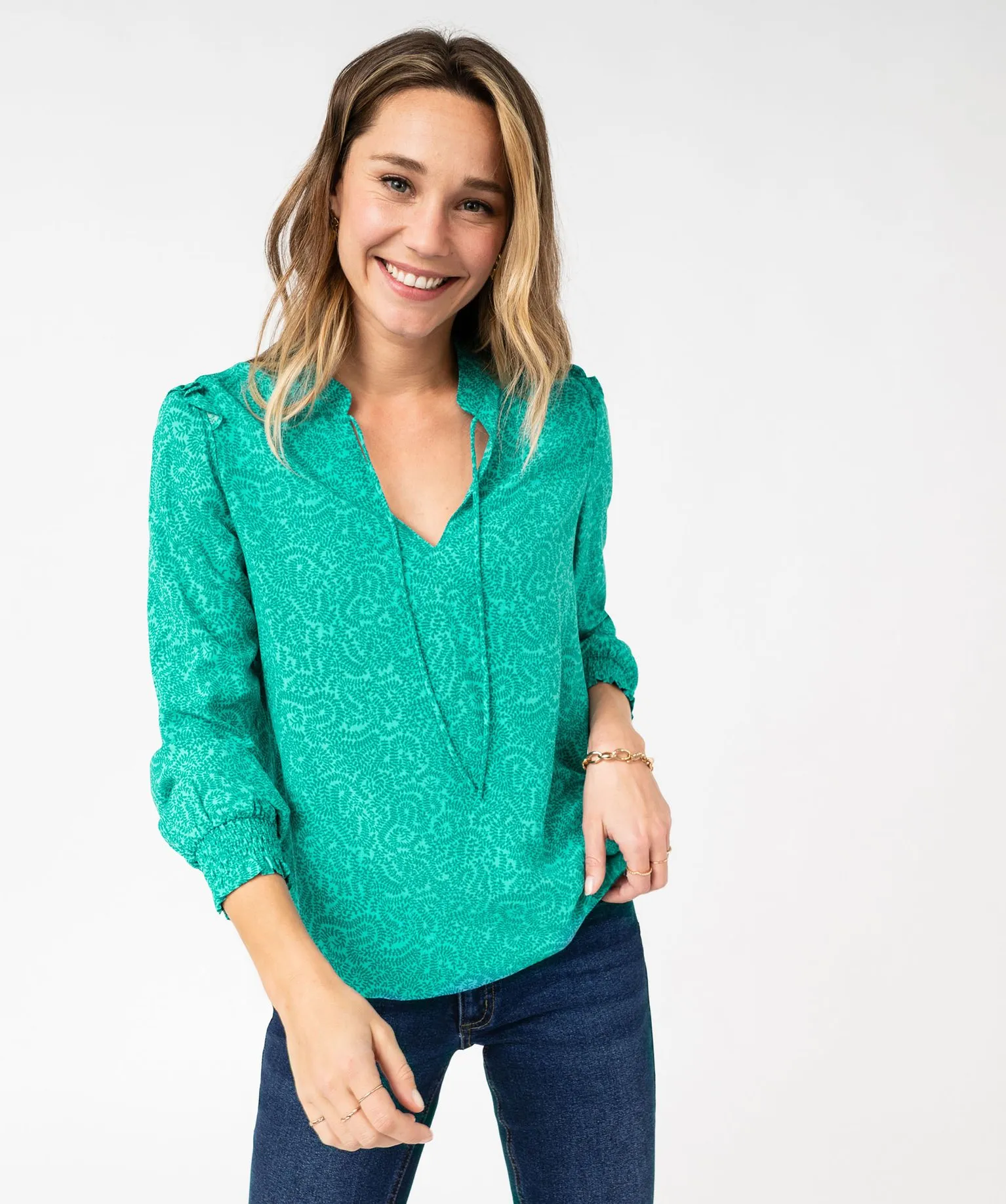 blouse imprimee a manches longues avec details fronces femme vert blouses