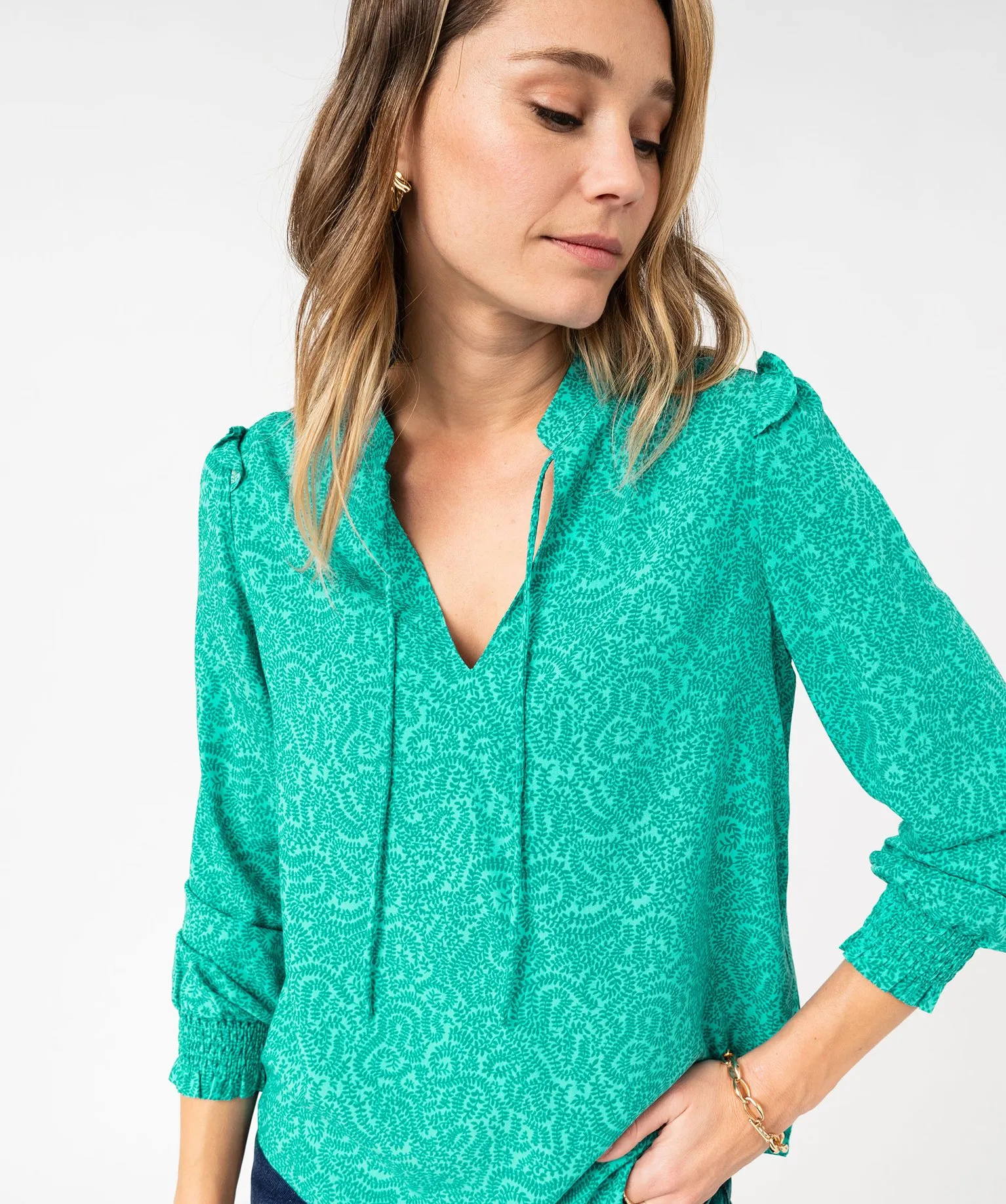 blouse imprimee a manches longues avec details fronces femme vert blouses