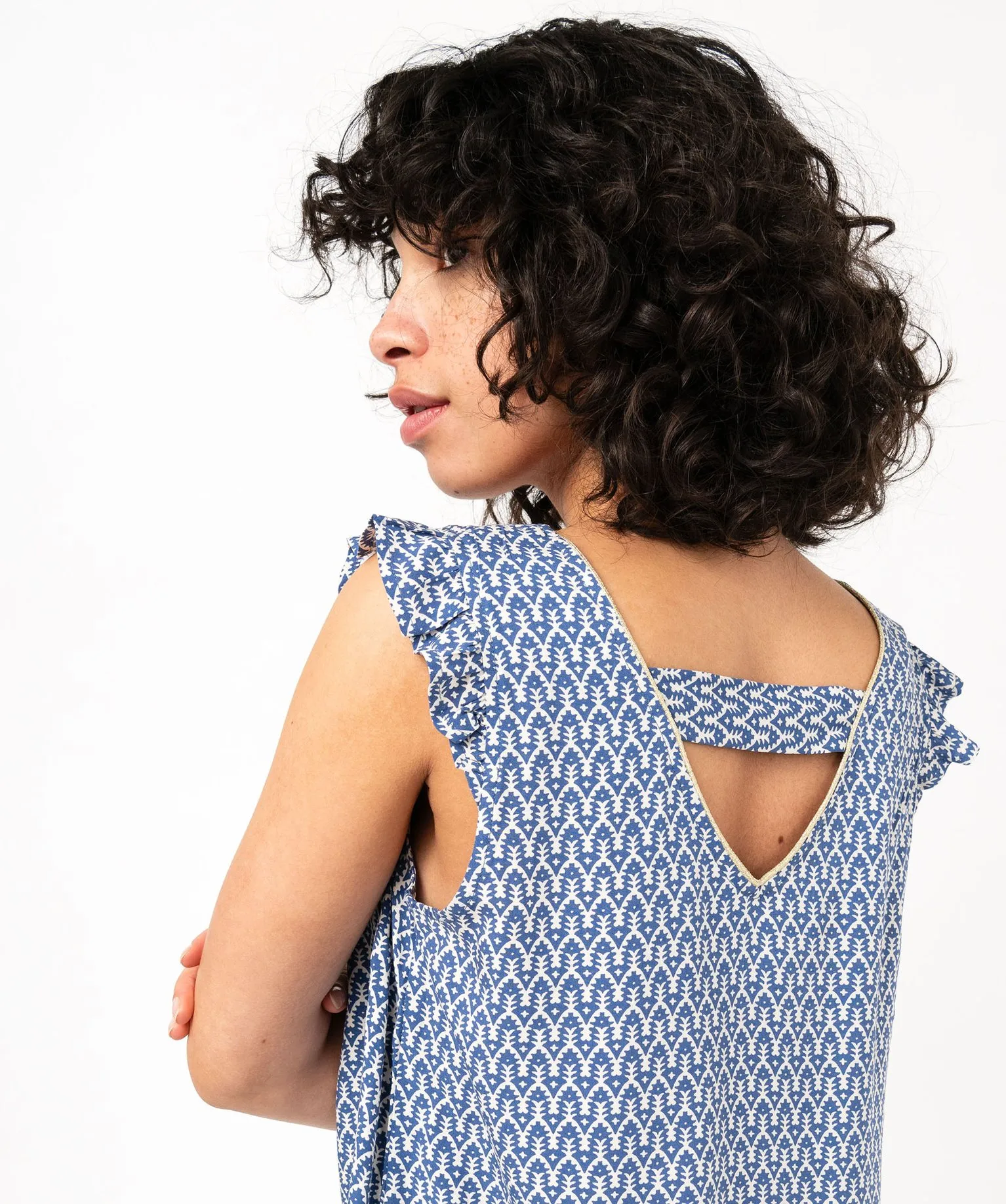 blouse imprimee avec volants sur les epaules femme bleu blouses