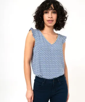 blouse imprimee avec volants sur les epaules femme bleu blouses