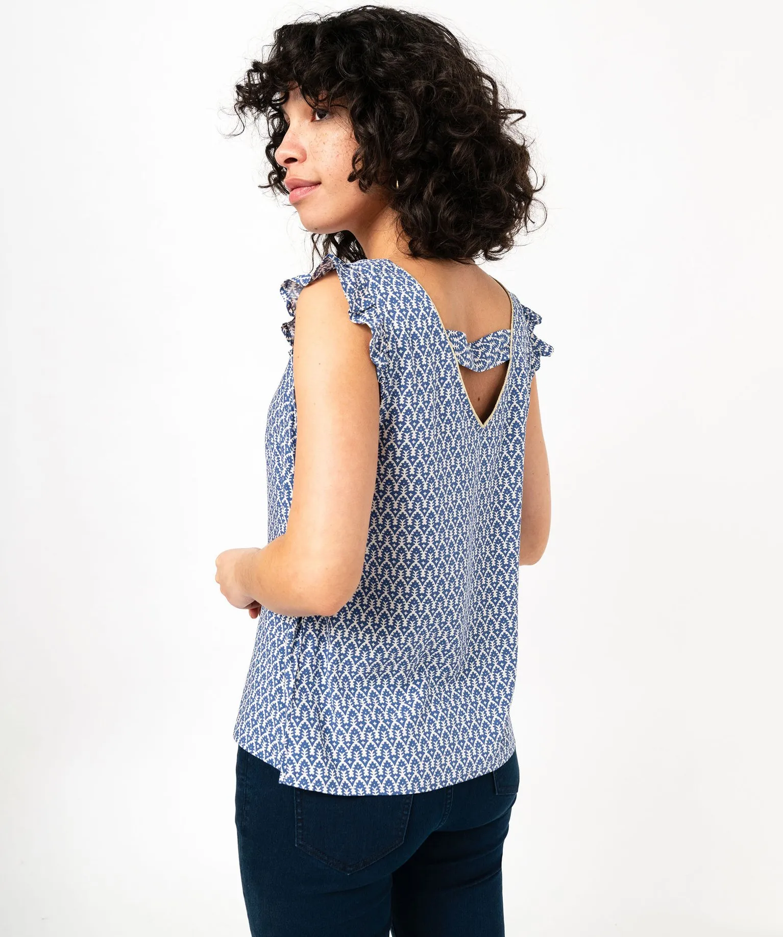 blouse imprimee avec volants sur les epaules femme bleu blouses