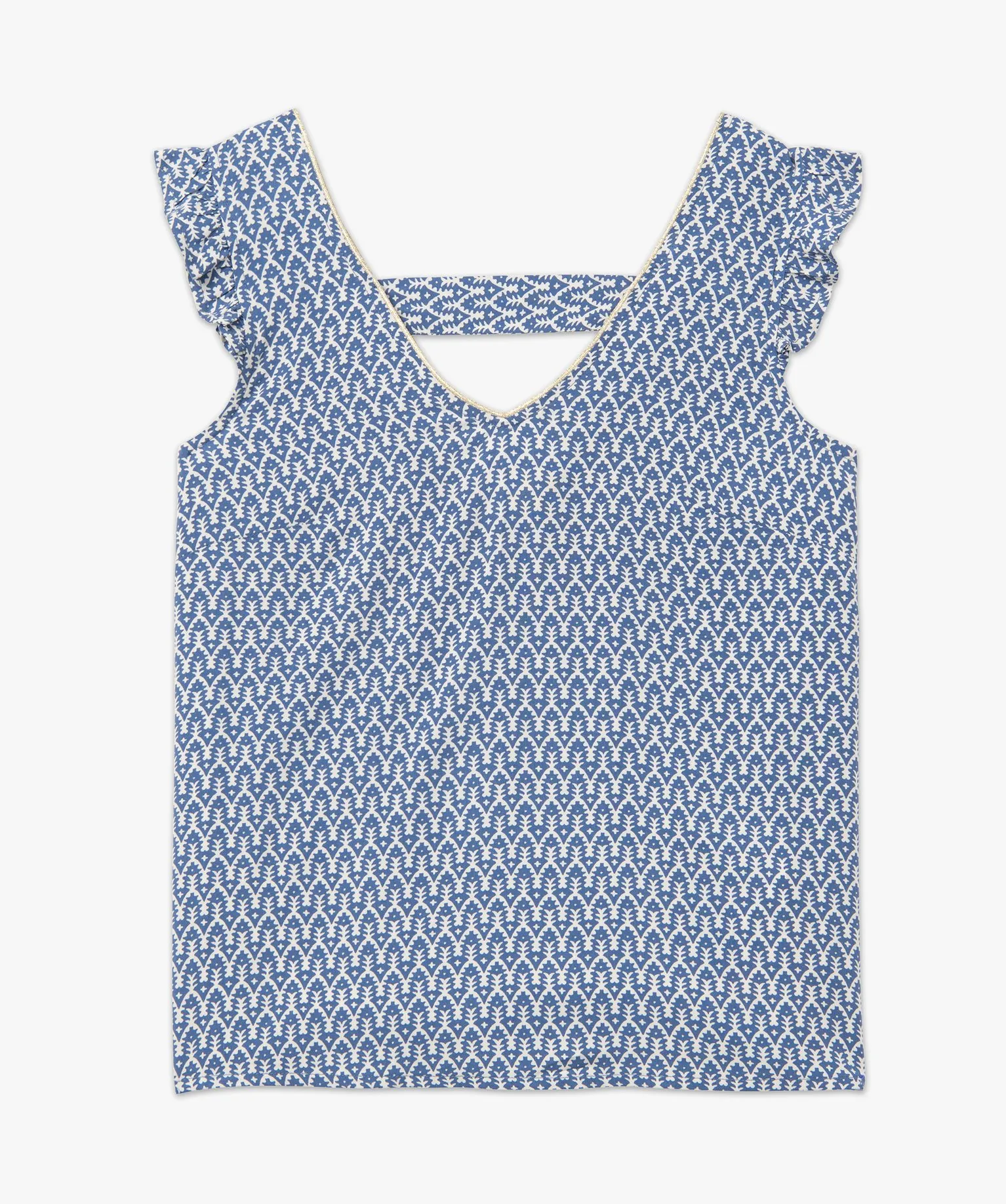 blouse imprimee avec volants sur les epaules femme bleu blouses