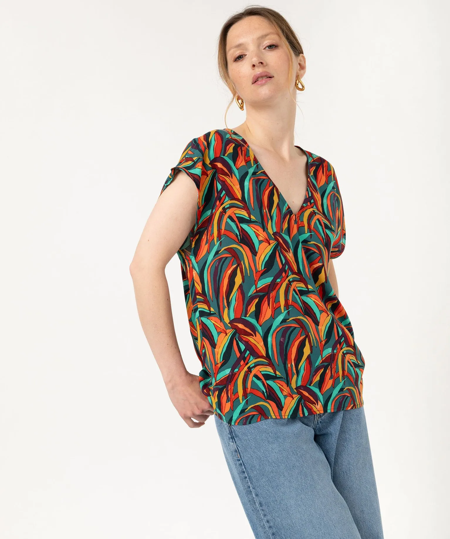 blouse sans manches fluide en viscose imprimee femme bleu blouses