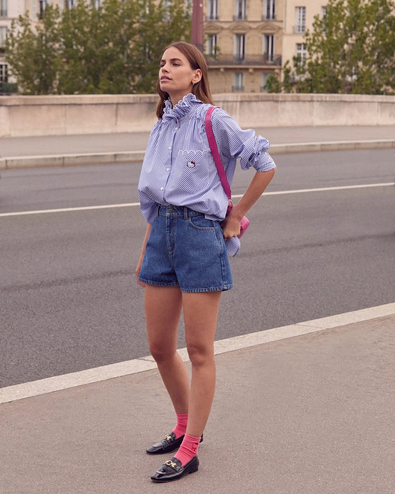 Chemise Léonor rayures bleu et blanc Hello Kitty