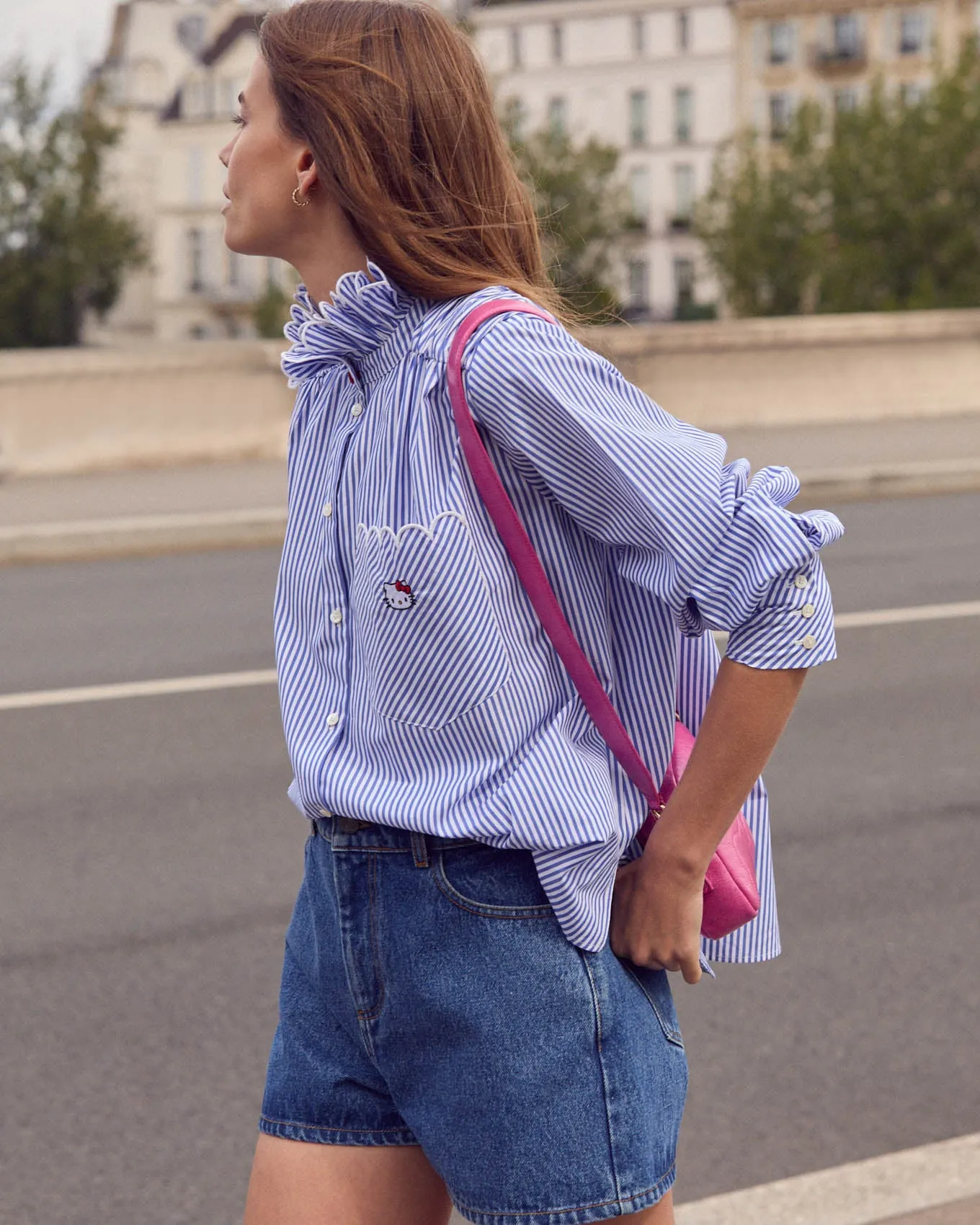 Chemise Léonor rayures bleu et blanc Hello Kitty