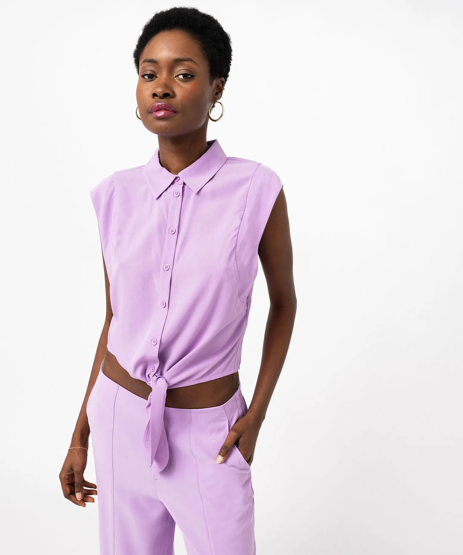 chemise sans manches avec liens a nouer femme violet blouses