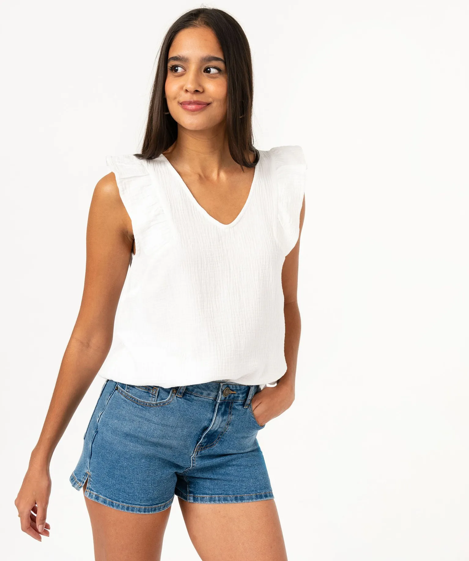 debardeur en gaze de coton avec volants sur les epaules femme beige blouses