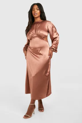 Grande taille - Robe mi-longue satinée à manches bouffantes