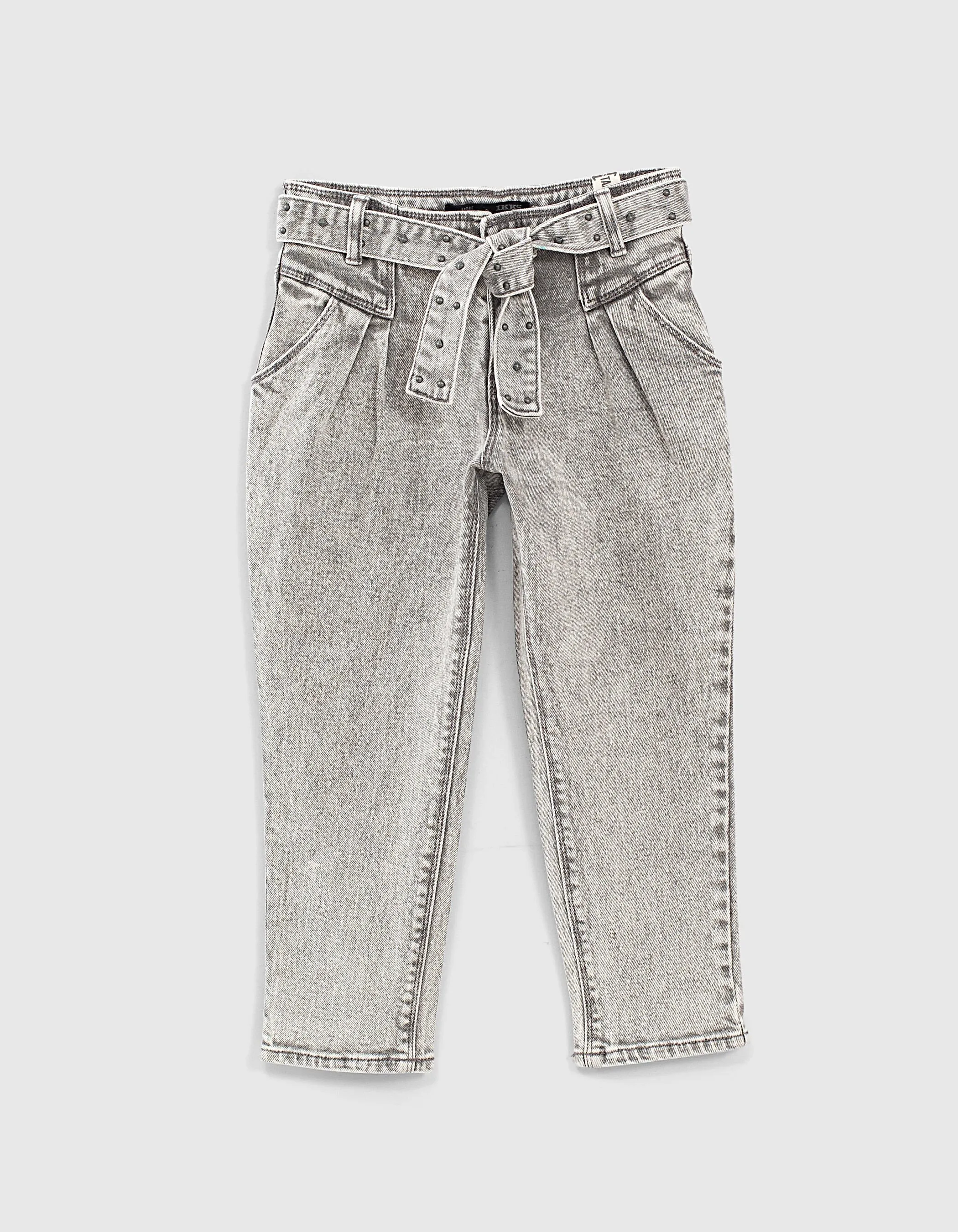 Jean mom light grey bio à ceinture cloutée fille