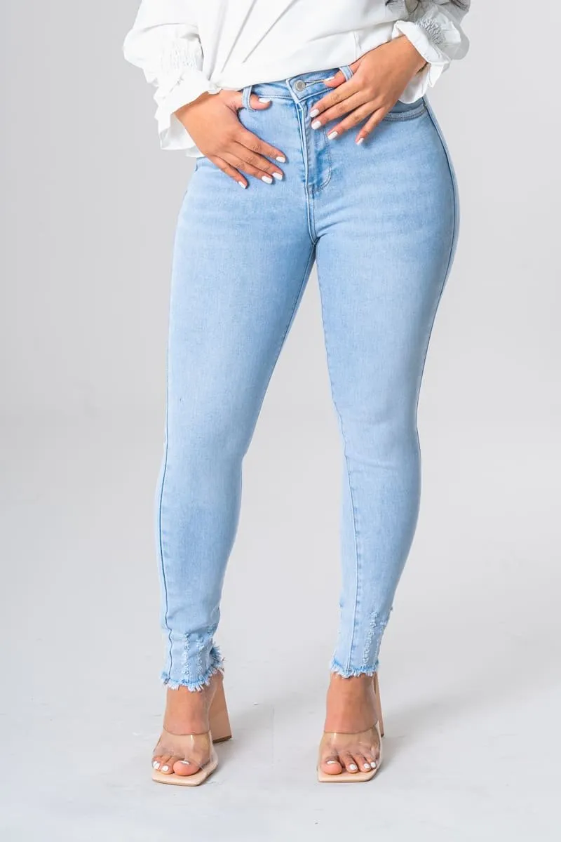 Jean skinny taille haute griffé bleu