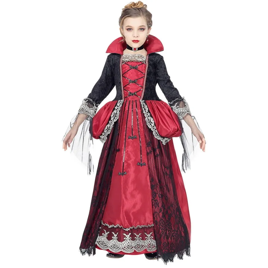 Longue robe de fille vampire élégante, rouge noire