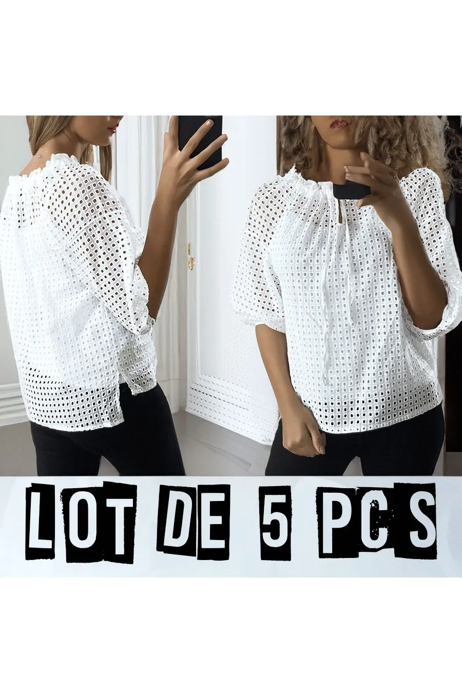 Lot de 5 Blouses blanche manches bouffante col bateau en matière à trous