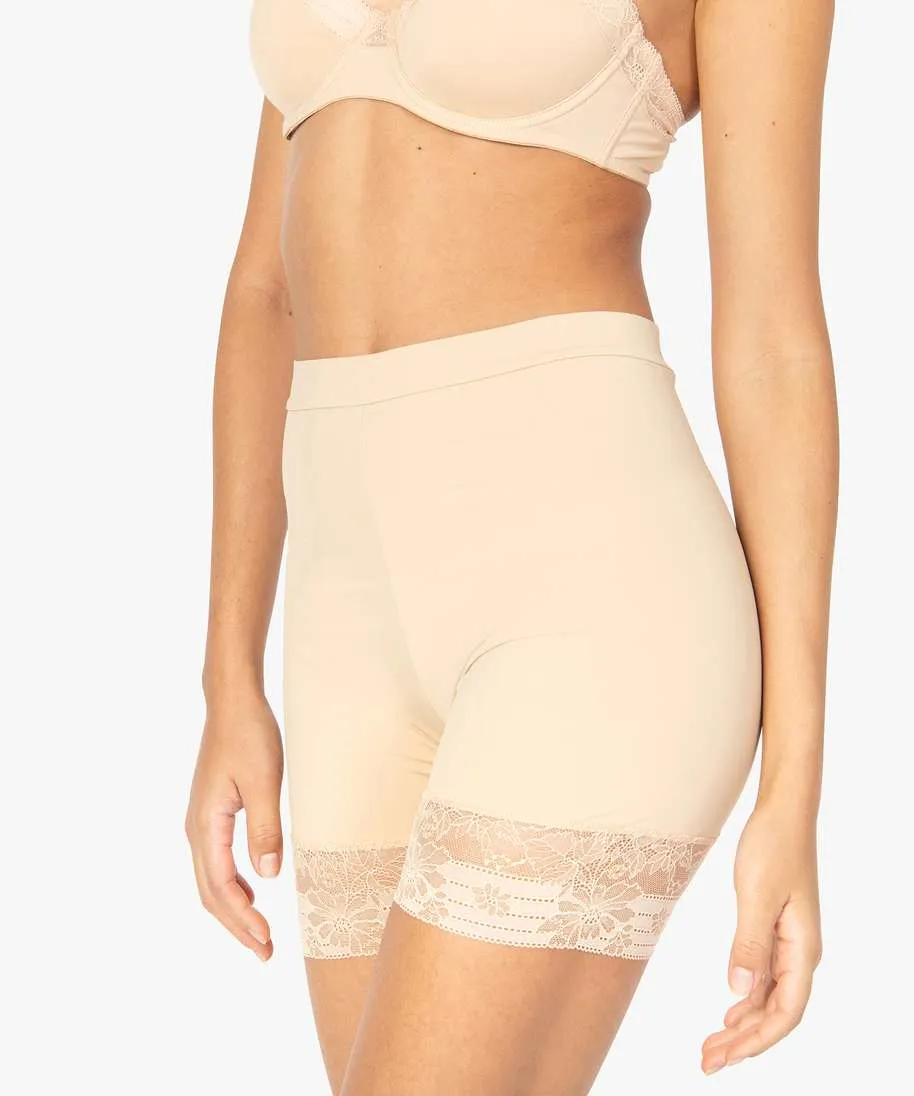 panty femme gainant taille haute en microfibre et dentelle beige shorties