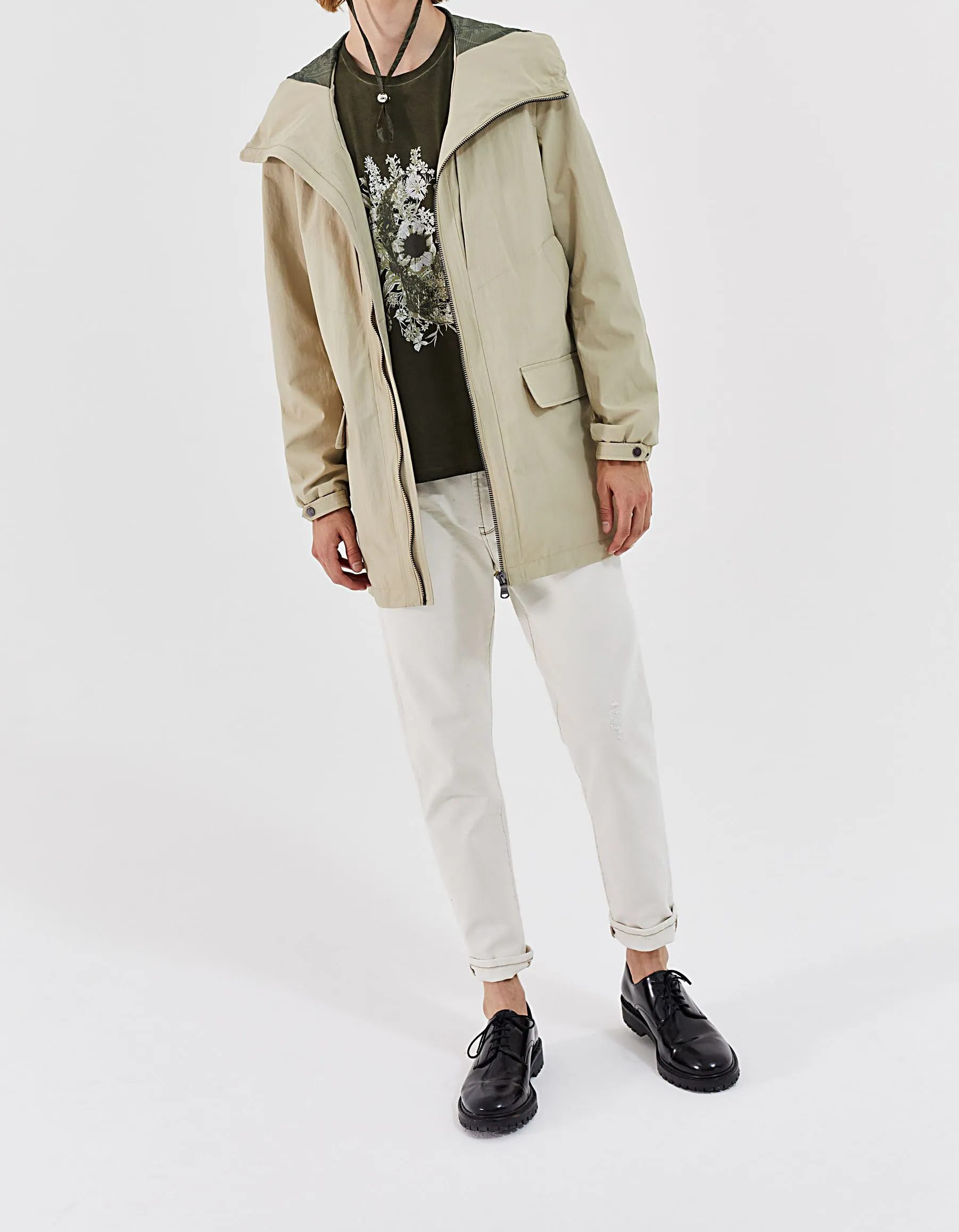 Parka beige clair à capuche en nylon Homme