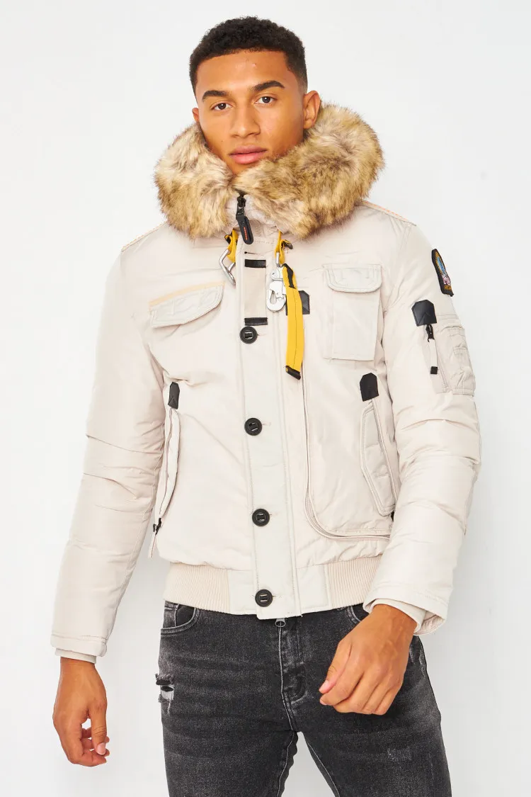 Parka courte beige multi-poches à capuche à fourrure