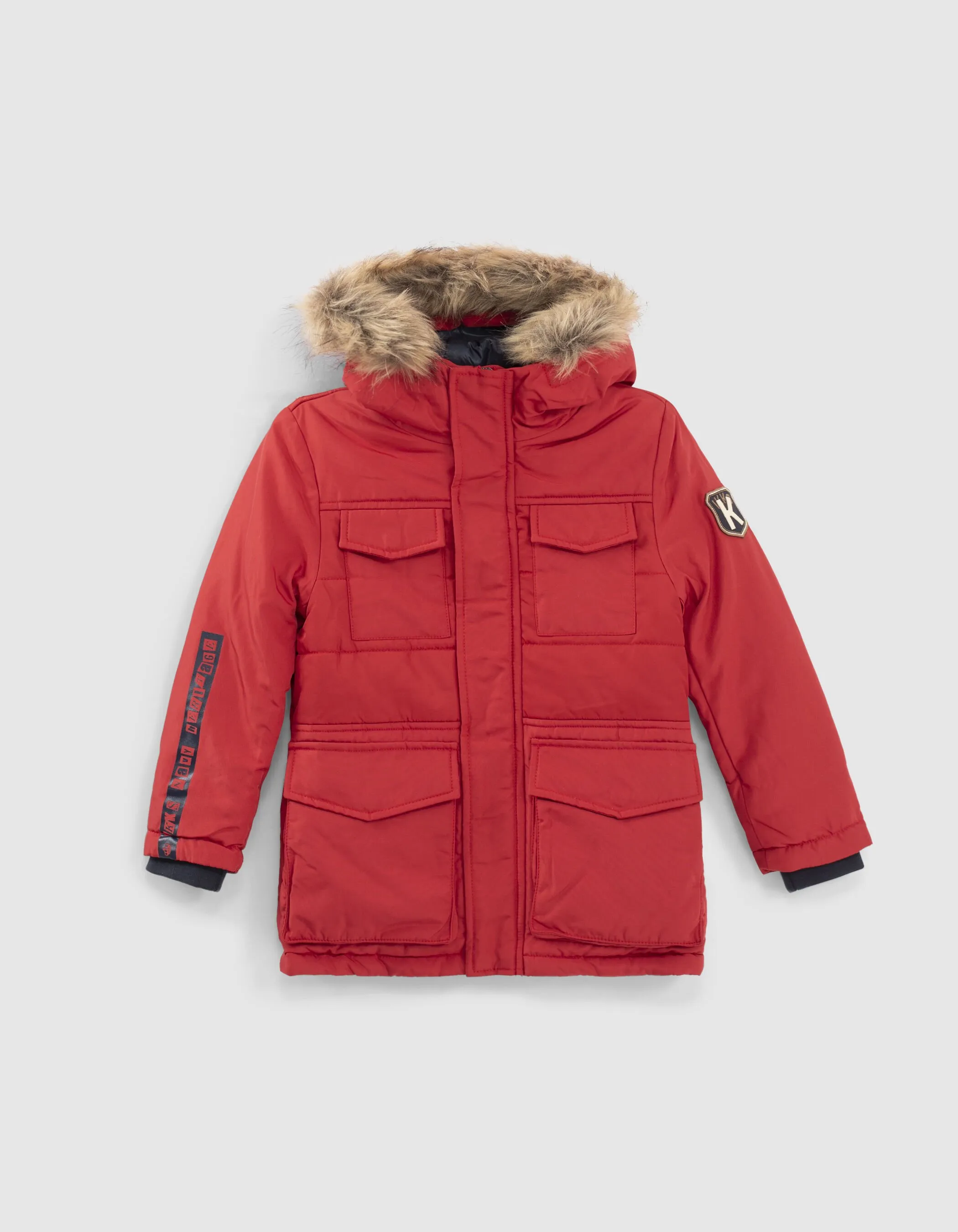 Parka rouge à capuche fourrée garçon