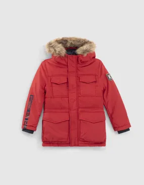 Parka rouge à capuche fourrée garçon