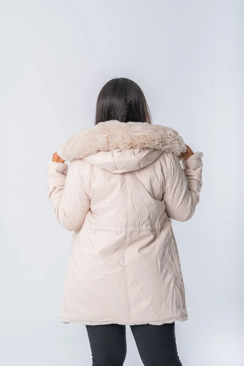 Parka à capuche fausse fourrure réversible beige