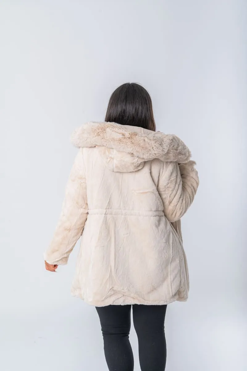 Parka à capuche fausse fourrure réversible beige