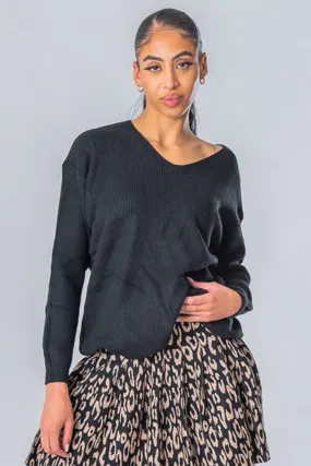 Pull en maille col V doux noir