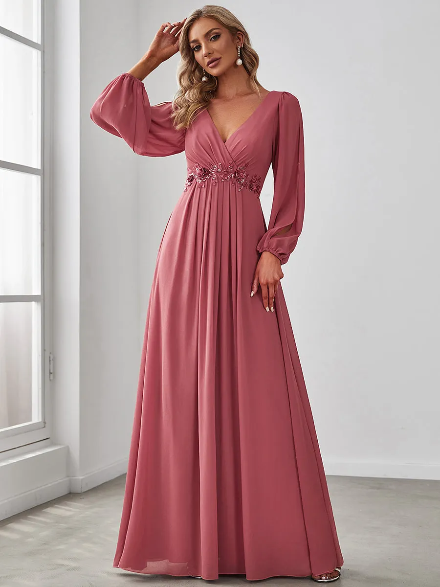 Robe de Soiree Longue Elegante Avec Lanterne en V Profond a Manches Fendues et Appliques