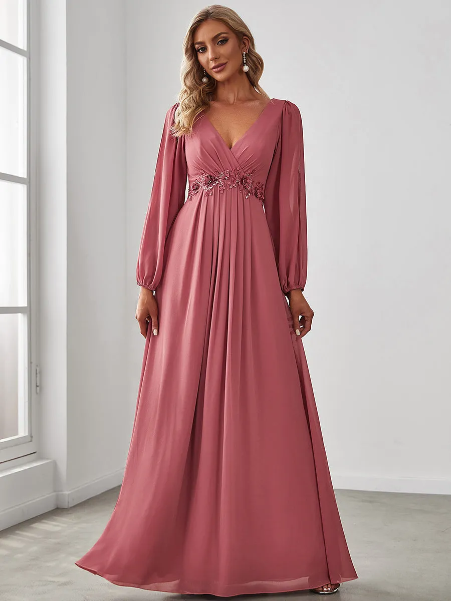 Robe de Soiree Longue Elegante Avec Lanterne en V Profond a Manches Fendues et Appliques