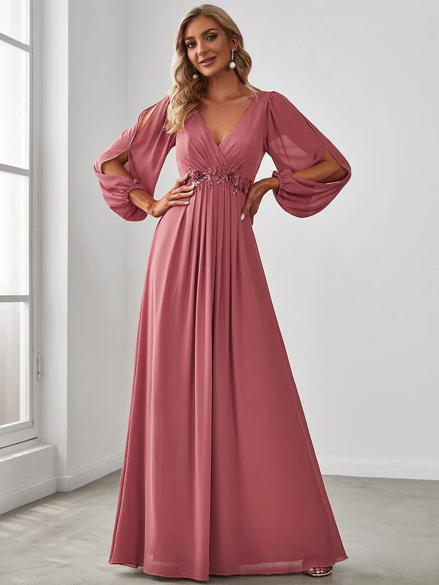 Robe de Soiree Longue Elegante Avec Lanterne en V Profond a Manches Fendues et Appliques