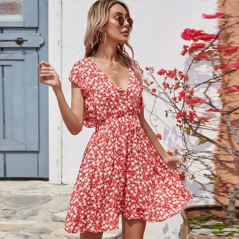 Robe Décontractée Rouge Florale