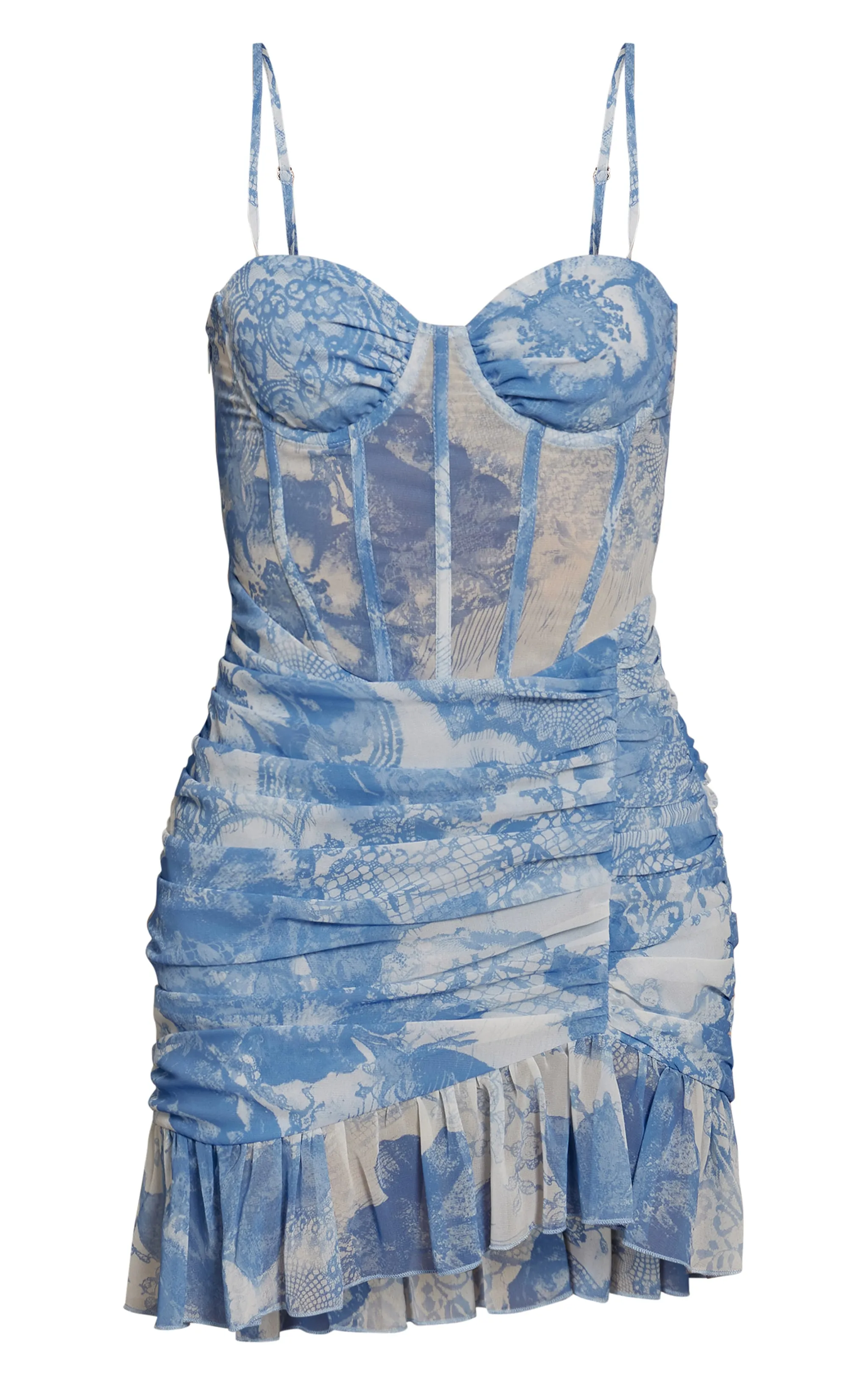 Robe moulante corset bleue à imprimé fleurs et bordure volantée