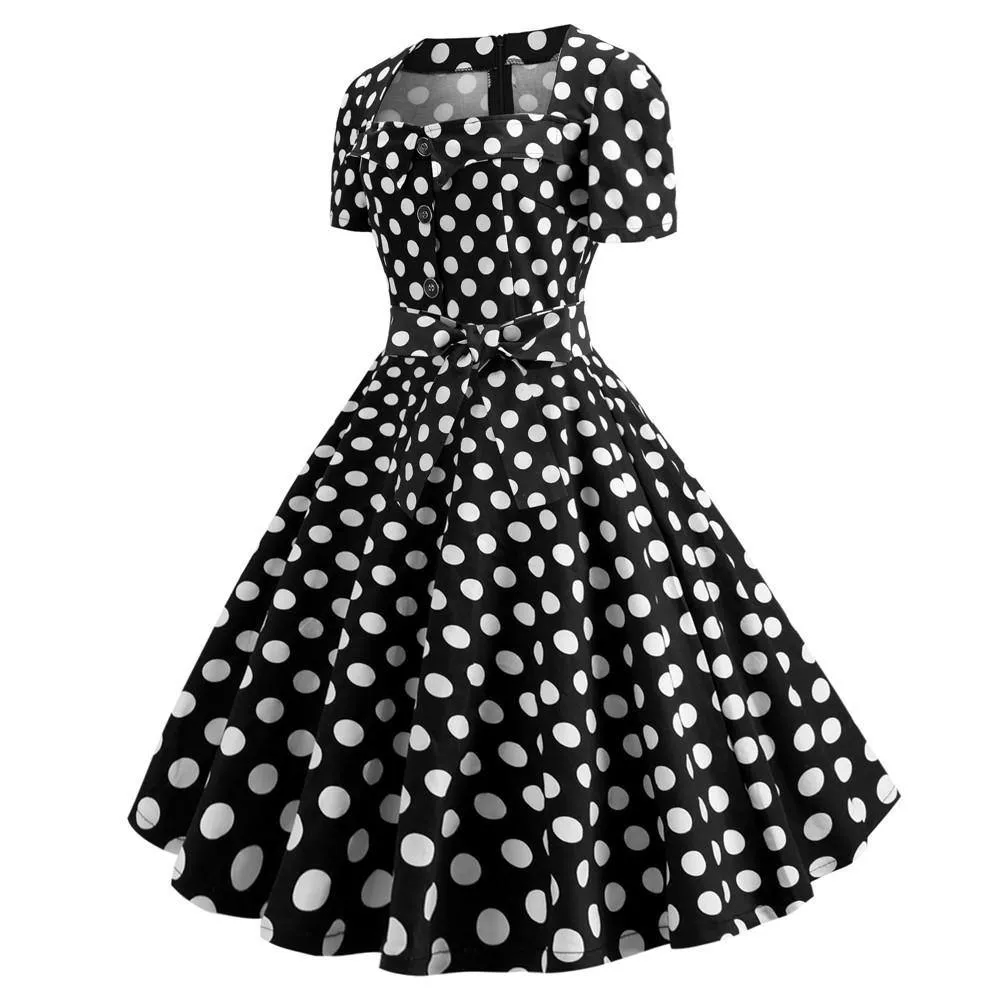 Robe vintage Demoiselle d'Honneur Noire à Pois Blancs