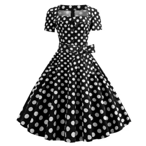 Robe vintage Demoiselle d'Honneur Noire à Pois Blancs