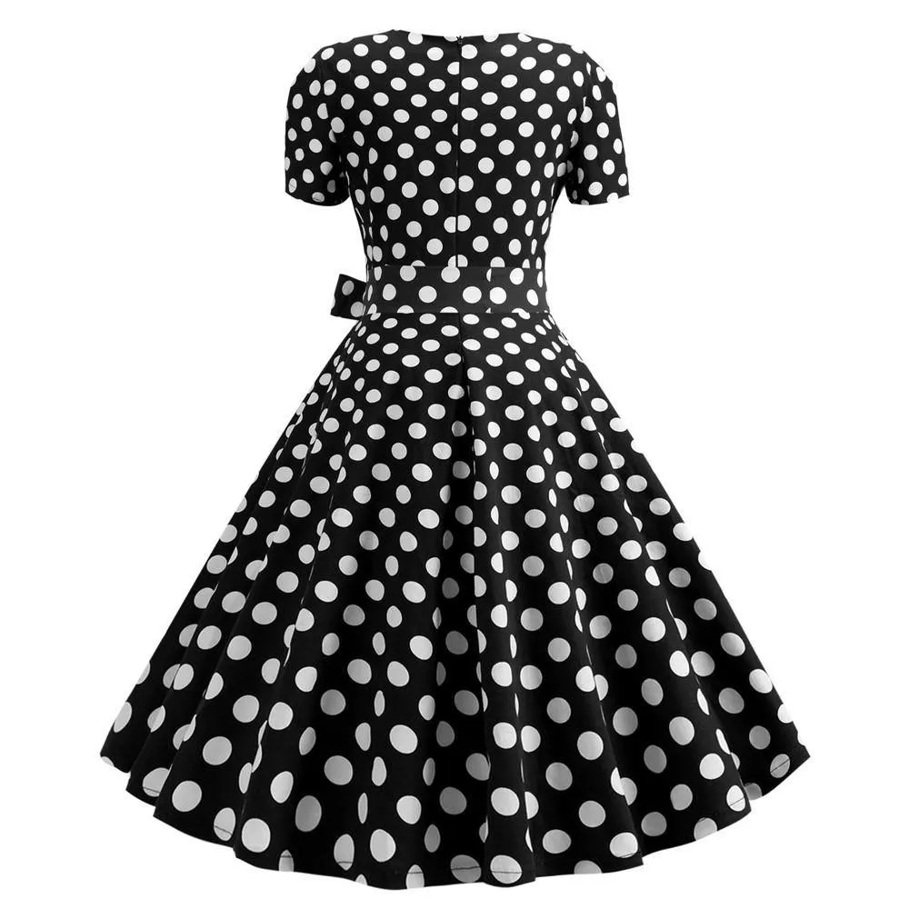 Robe vintage Demoiselle d'Honneur Noire à Pois Blancs