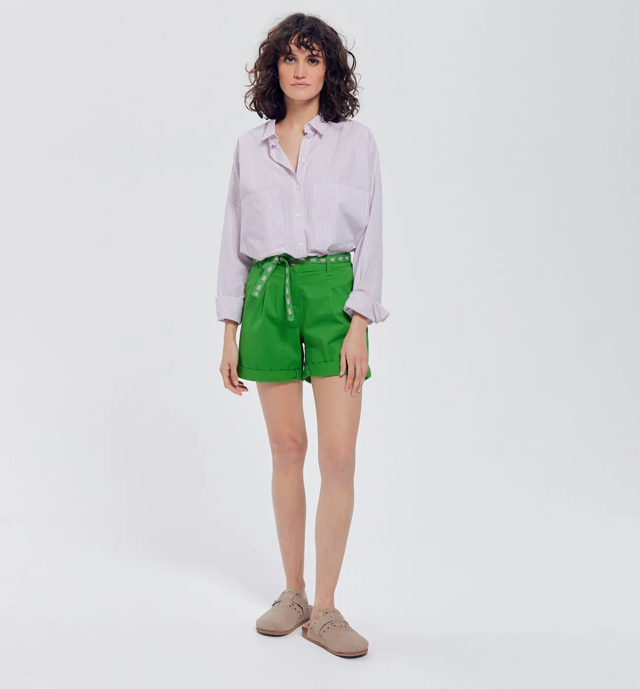 Short en toile + ceinture - Vert