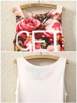 T shirt Fashion Sans Manches Get Over It Motif à Fleurs