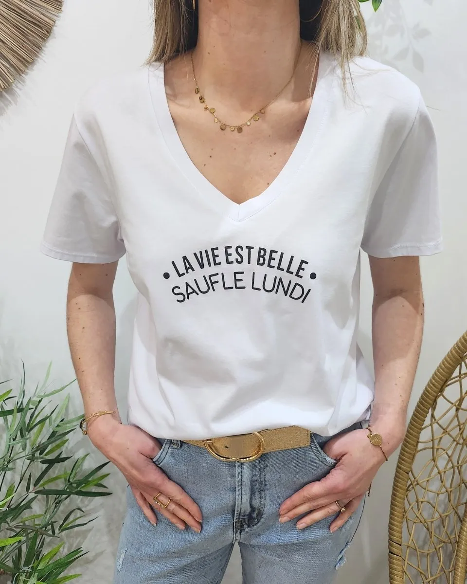 T-shirt femme blanc La vie est belle sauf le lundi pailleté