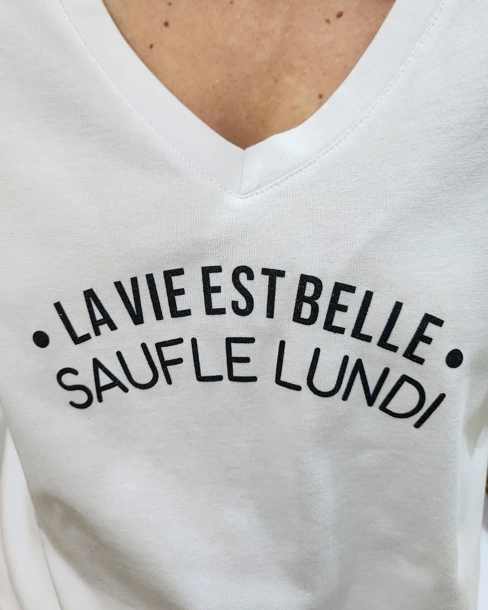 T-shirt femme blanc La vie est belle sauf le lundi pailleté