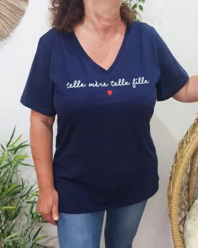 T-Shirt femme bleu marine Telle mère telle fille blanc