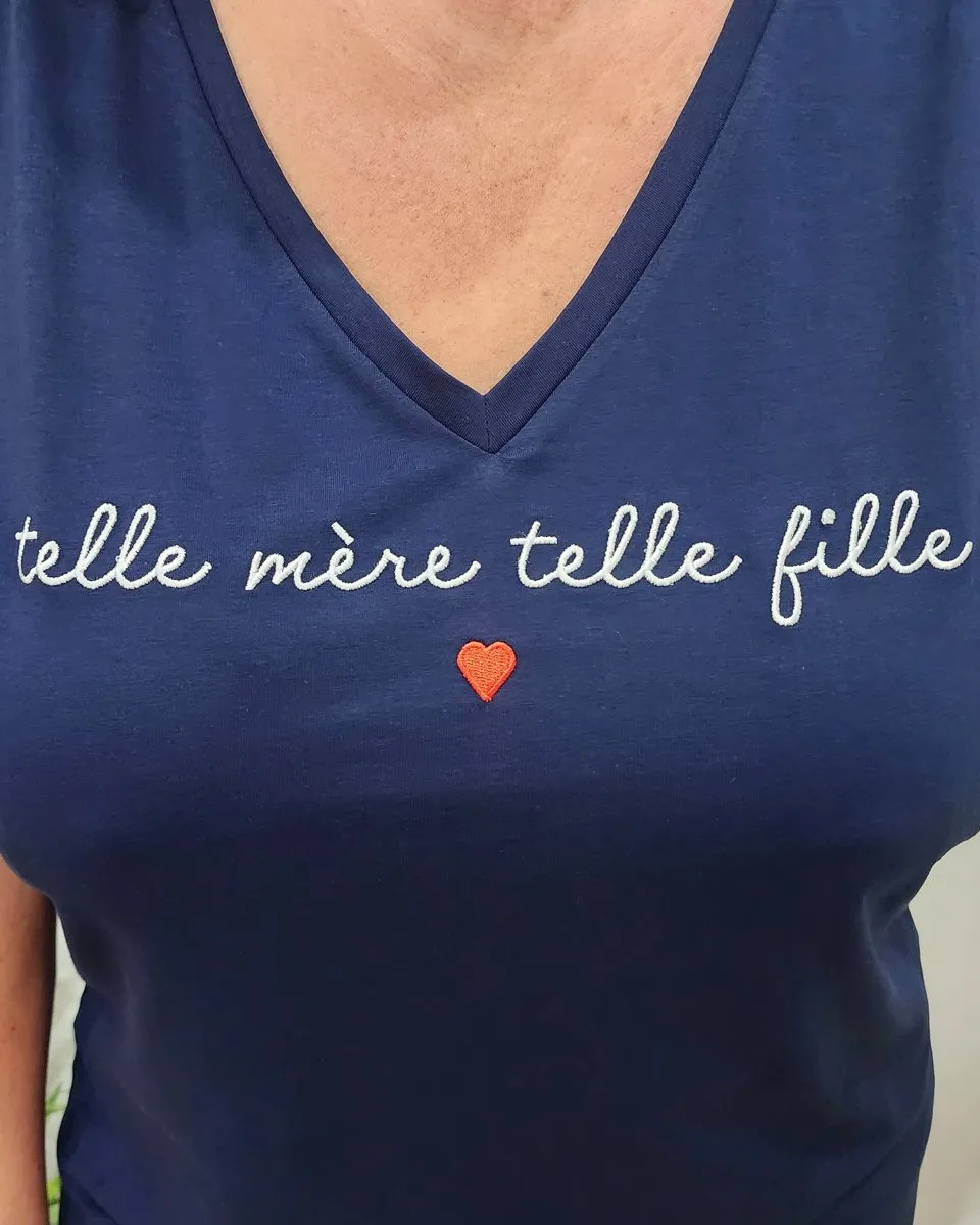 T-Shirt femme bleu marine Telle mère telle fille blanc